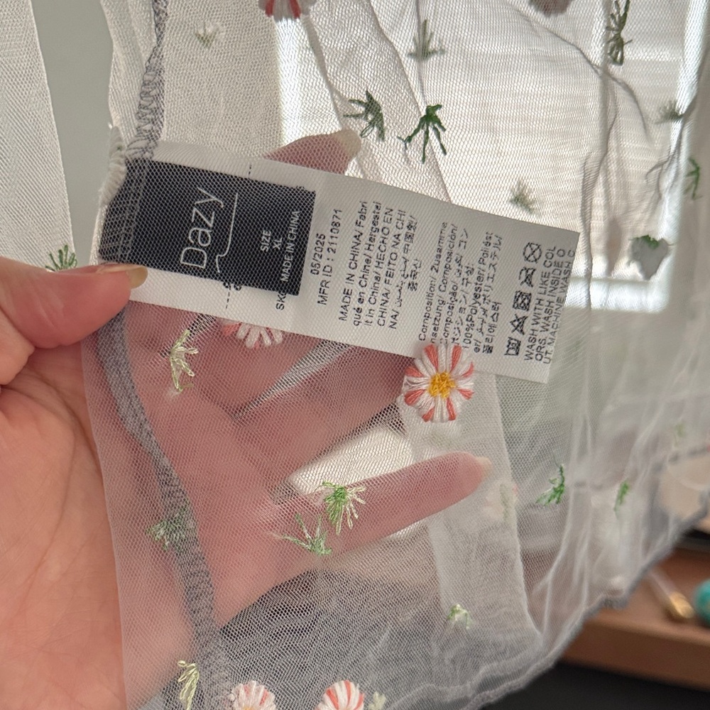 SHEIN Dazy Sheer Floral Embroidered Blouse - White and Green